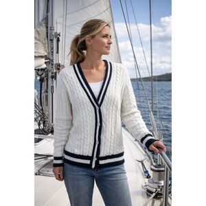 Talbots Womens White Cable Knit Cotton Cricket Cardigan Navy Stripe M Nautical